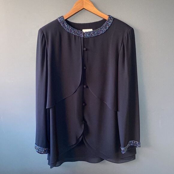 Vintage Navy Blue Blouse with Beaded Collar - Picture 6 of 10